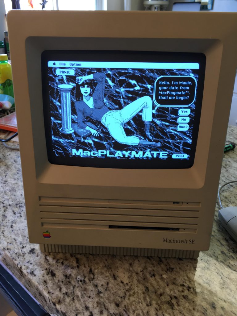 Lisa Palac once interviewed Mike Saenz, author of the first erotic software title for the Macintosh, MacPlaymate. Image of the software in action from wowbobwow of reddit.com/r/retrobattlestations.