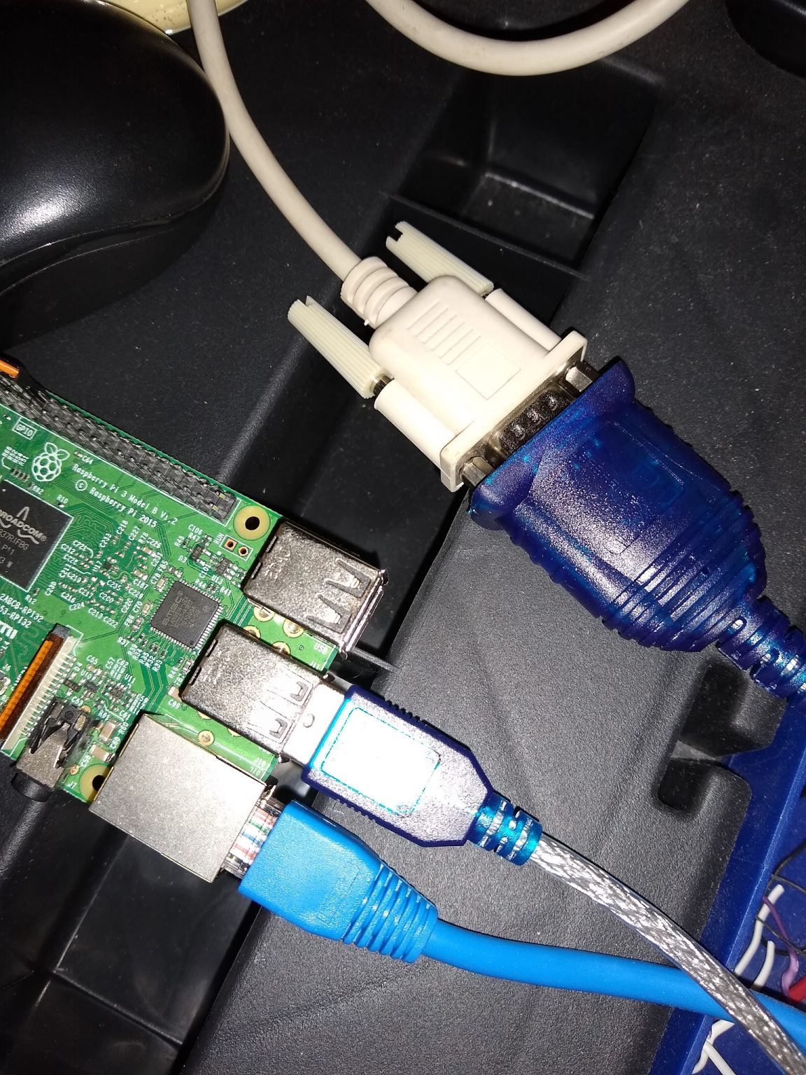 The USB Serial adapter plugged into the Pi.